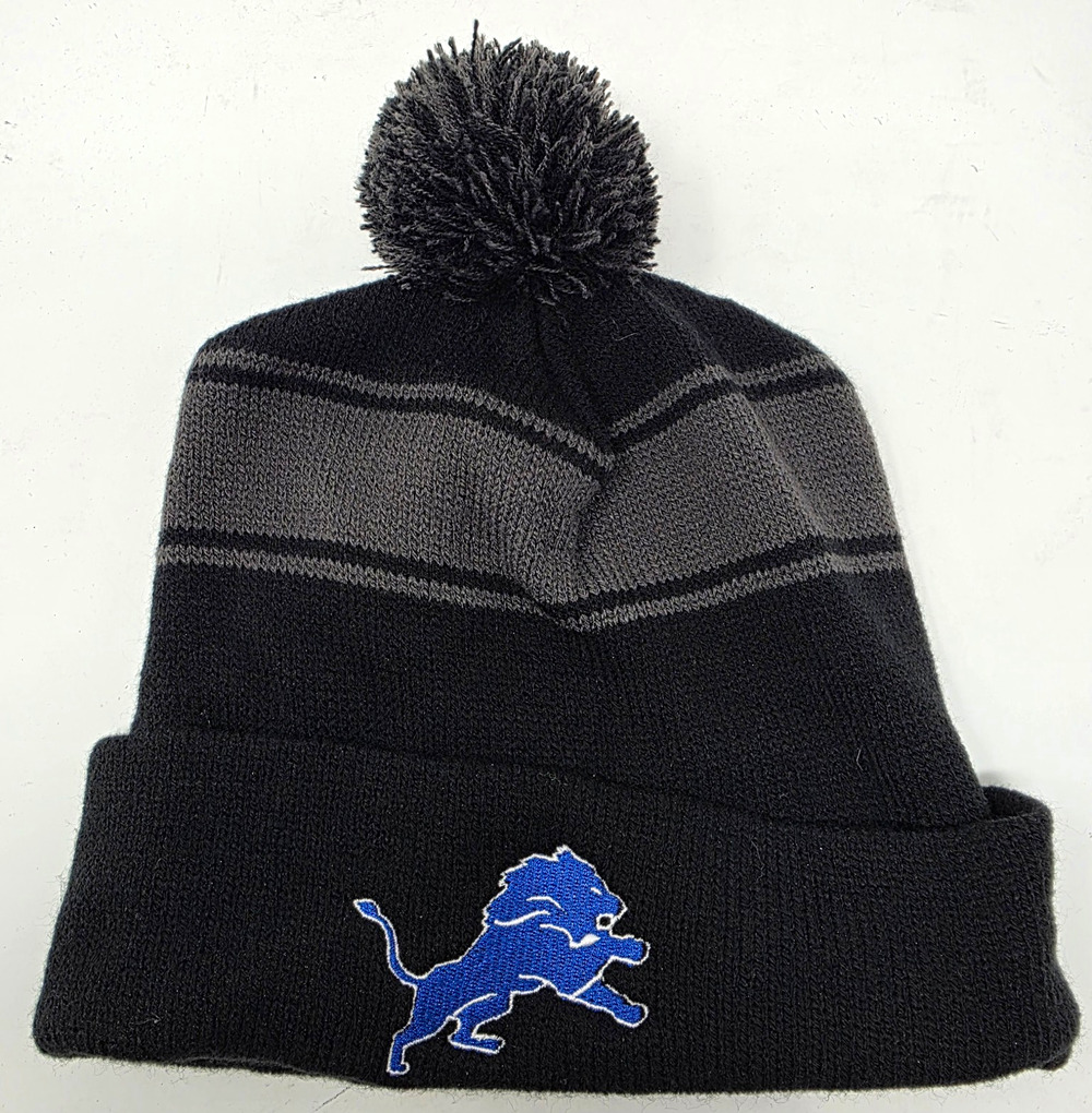 Detroit Lions Sport-Tek Knit Beanie Hat Black Gray Pom Cuffed NFL Football